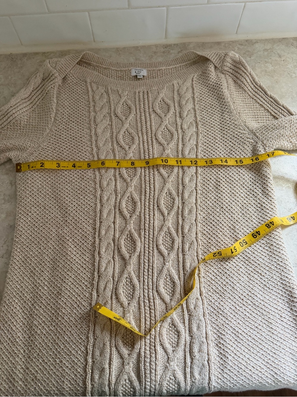 Crown & Ivy Petite Cable Knit Metallic Sweater Beige Gold Shimmer PM - Picture 10 of 11